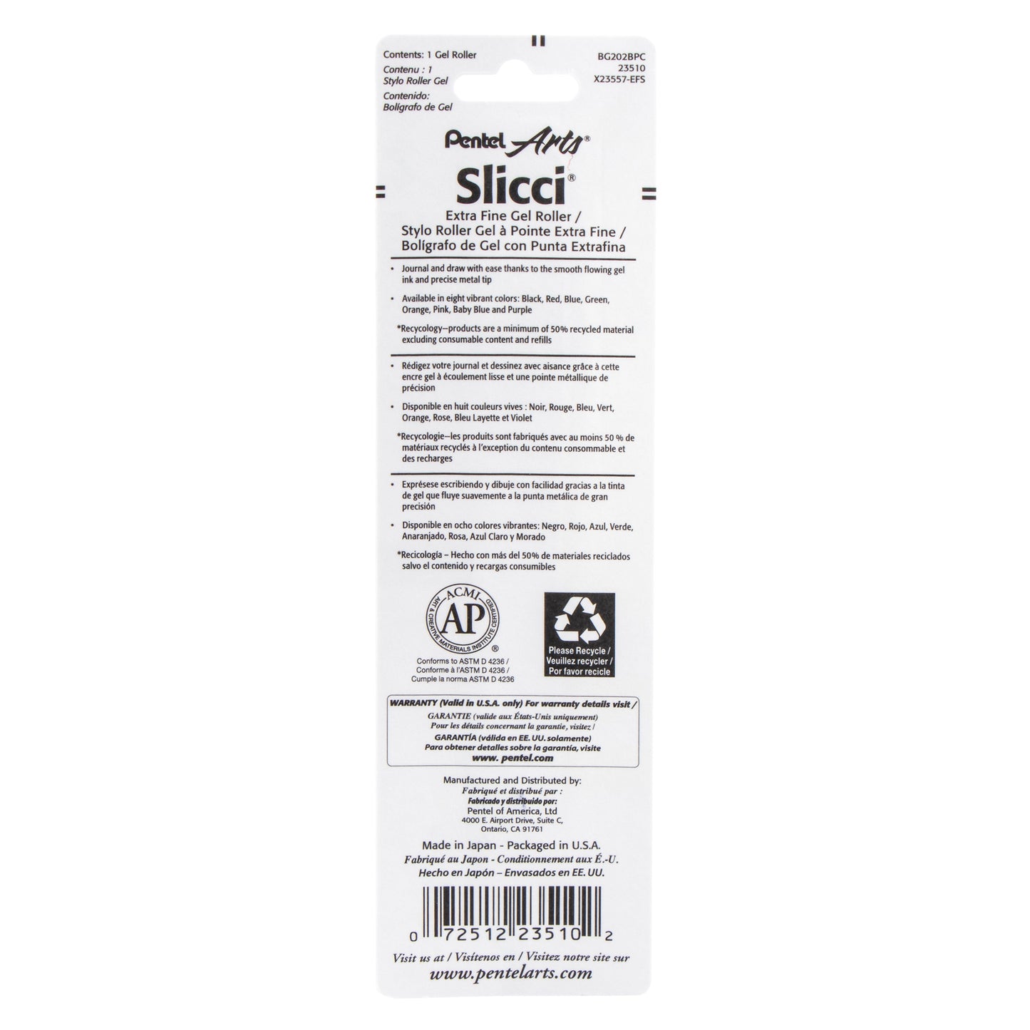 Pentel Arts Slicci (0.25mm) Extra Fine Gel Pen Blue Ink 1-Pk (BG202BPC)