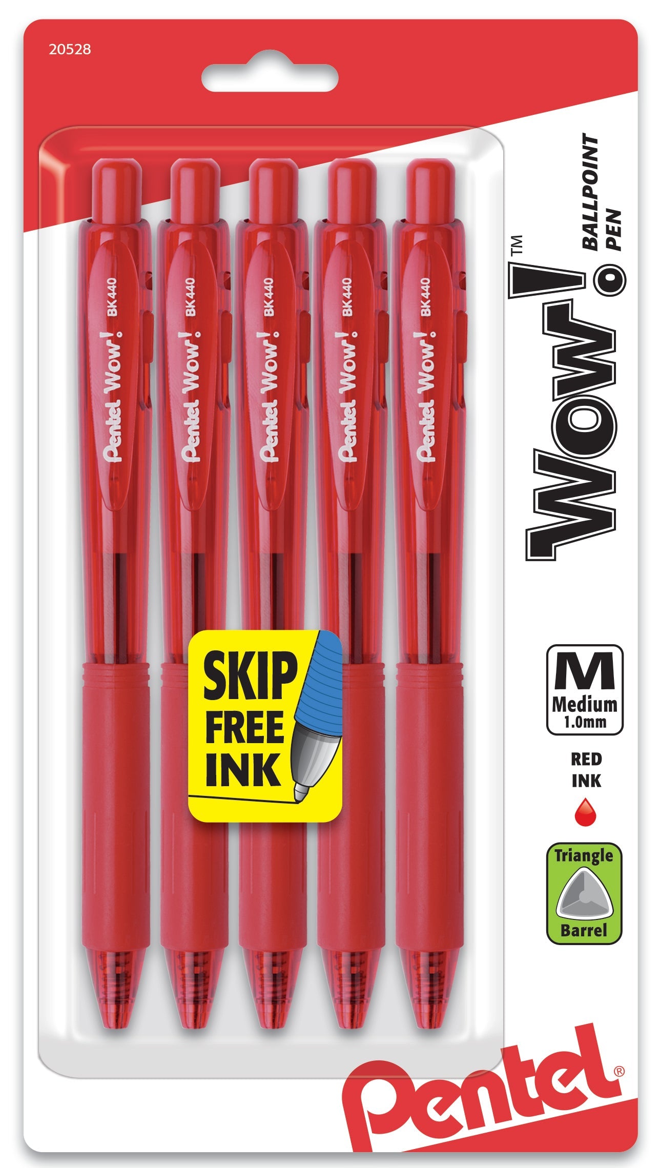 Wow! Retractable Ballpoint Pen, (1.0mm) Medium Line, NEW Ink, Red Ink 5-Pk (BK440BP5B)