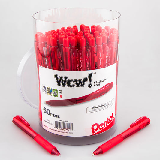 Pentel WOW! Ballpoint Pen, (1.0mm) Med. line, Red Ink, 60-pk Canister (BK440PC60B)