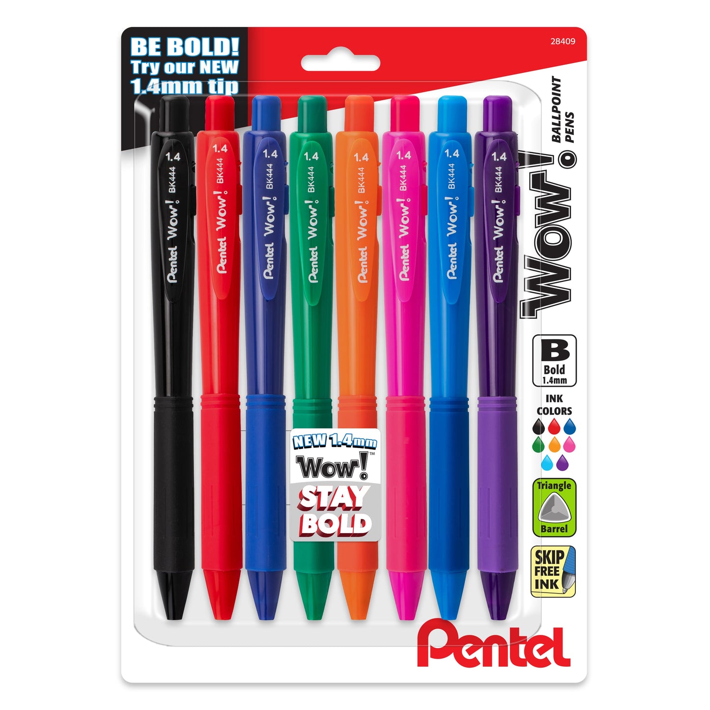 Wow! Retractable Ballpoint Pen, (1.4mm) Bold Line, Assorted Ink (A,C,B,D,V,F,P,S), 8-pk (BK444BP8M)