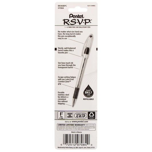 RSVP Ballpoint Pen, (0.7mm) Fine Line, Blue Ink 1-Pk (BK90BPC)
