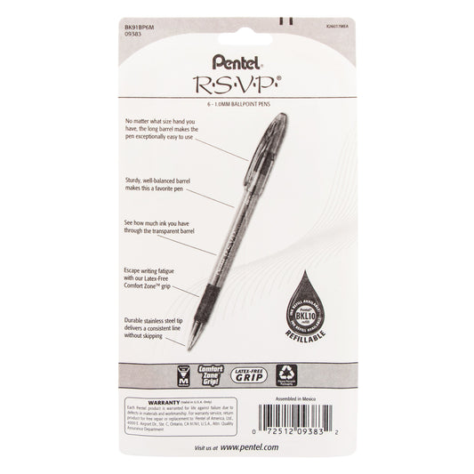 RSVP Ballpoint Pen, (1.0mm) Medium Line, Assorted Ink (A/B/C/D/P/V), 6-Pk (BK91BP6M)