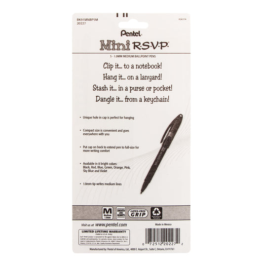 RSVP Mini Ballpoint Pen, (1.0mm) Medium Line, Assorted Ink (A/B/C/D/V) w/ Key Ring, 5-Pk (BK91MNBP5M)