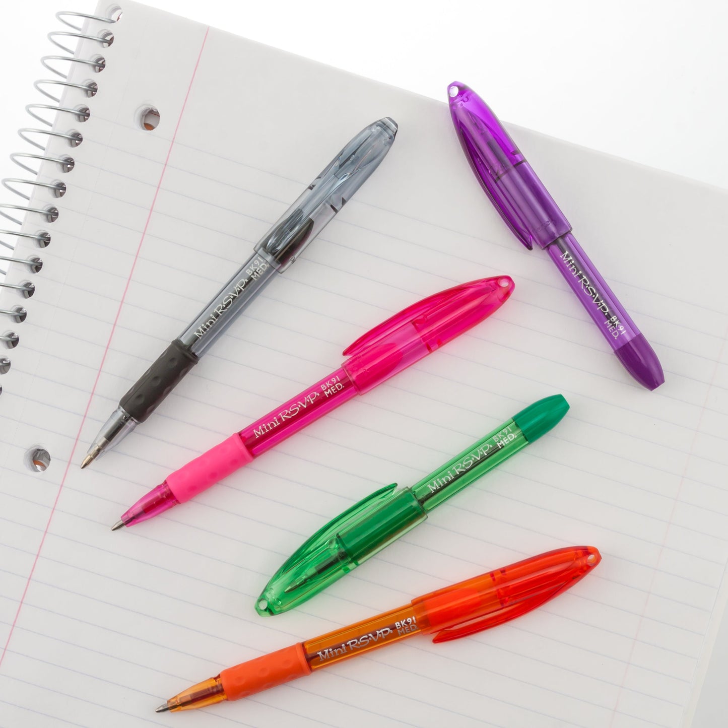 Pentel RSVP Mini Ballpoint Pen, (1.0mm) Medium Line, Assorted Ink (A/B/C/D/V) w/ Key Ring, 5-Pk (BK91MNBP5M)