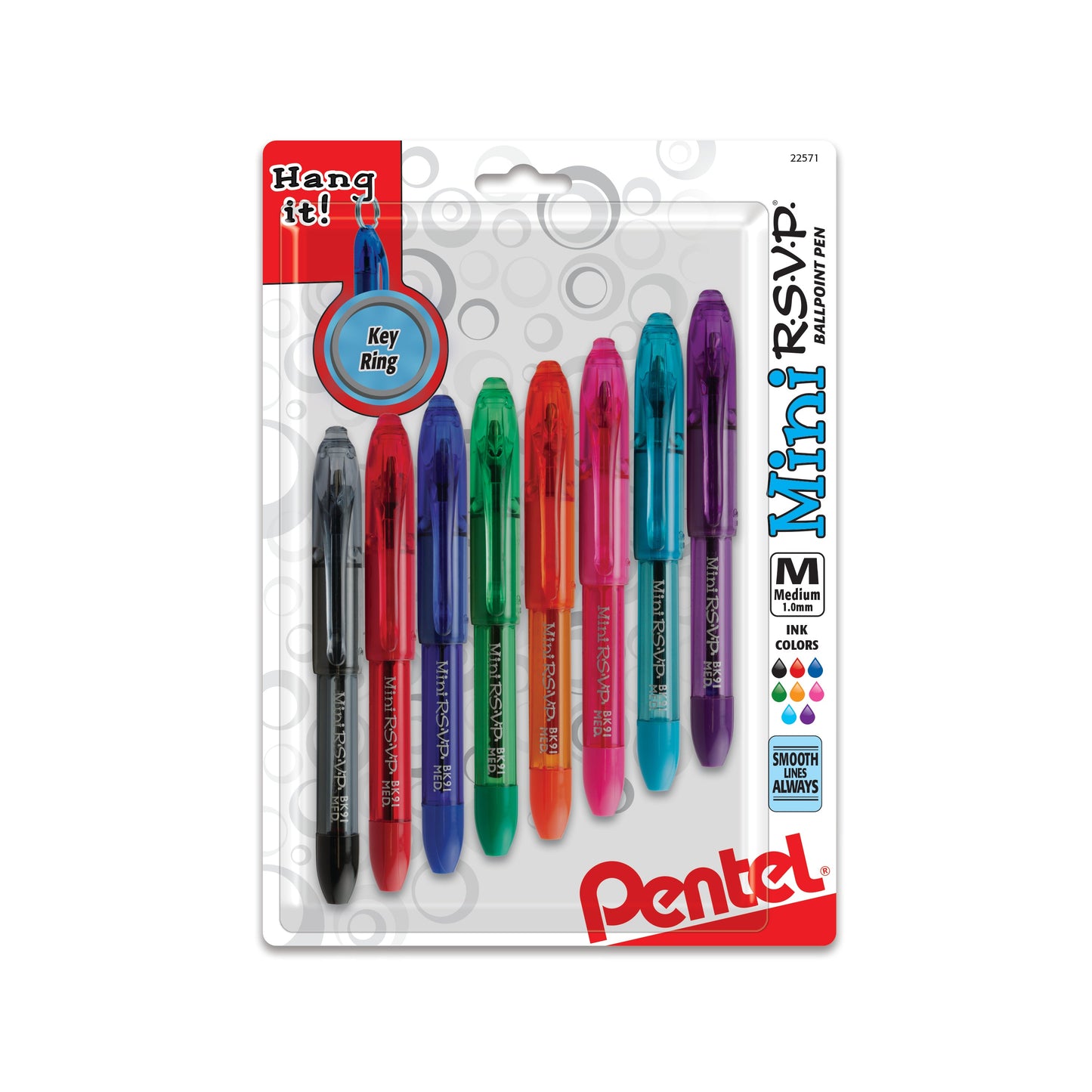 RSVP Mini Ballpoint Pen, (1.0mm) Medium Line, Assorted Ink (A/B/C/D/F/P/S/V) w/ Key Ring, 8-Pk (BK91MNBP8M)