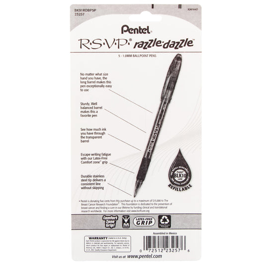 Pentel PINK BCA RSVP Razzle-Dazzle, (1.0mm) Medium Line, Pink Barrel, Black Ink, 5-Pk (BK91RDFP5P), 144 Each