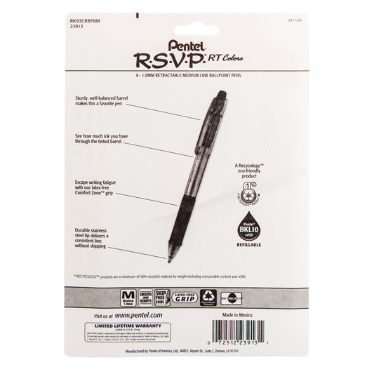 RSVP RT COLORS Retractable Ballpoint Pen, (1.0mm) Medium Line, Asstd Ink (A/B/C/D/F/P/S/V) 8-Pk (BK93CRBP8M)