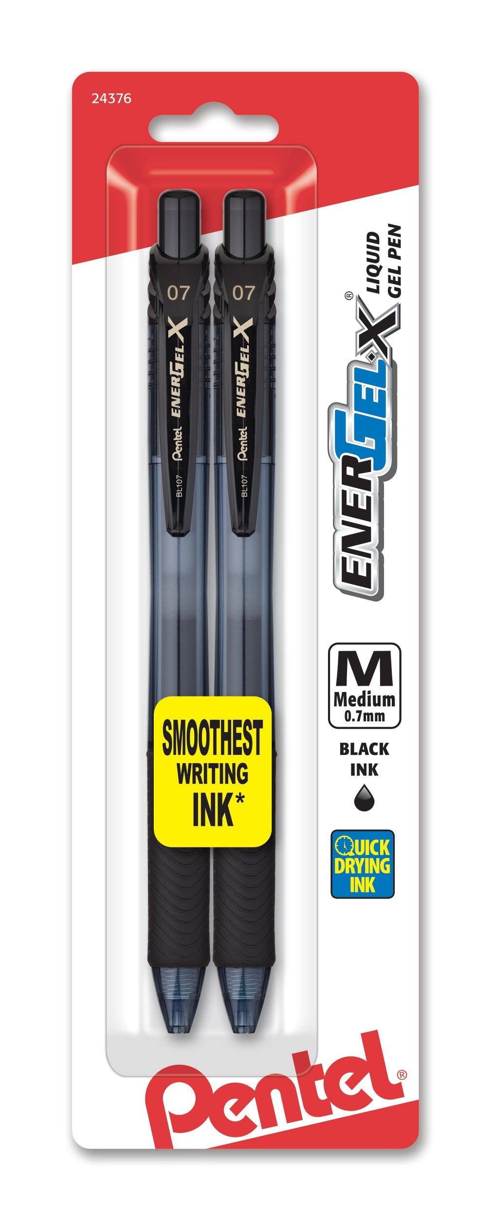 EnerGel-X Retractable Liquid Gel Pen, (0.7mm) Metal Tip, Medium Line, Black Ink 2-Pk (BL107BP2A)
