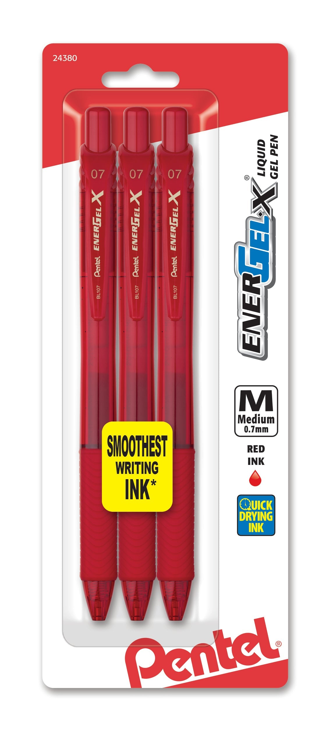 EnerGel-X Retractable Liquid Gel Pen, (0.7mm) Metal Tip, Medium Line, Red Ink 3-Pk (BL107BP3B)