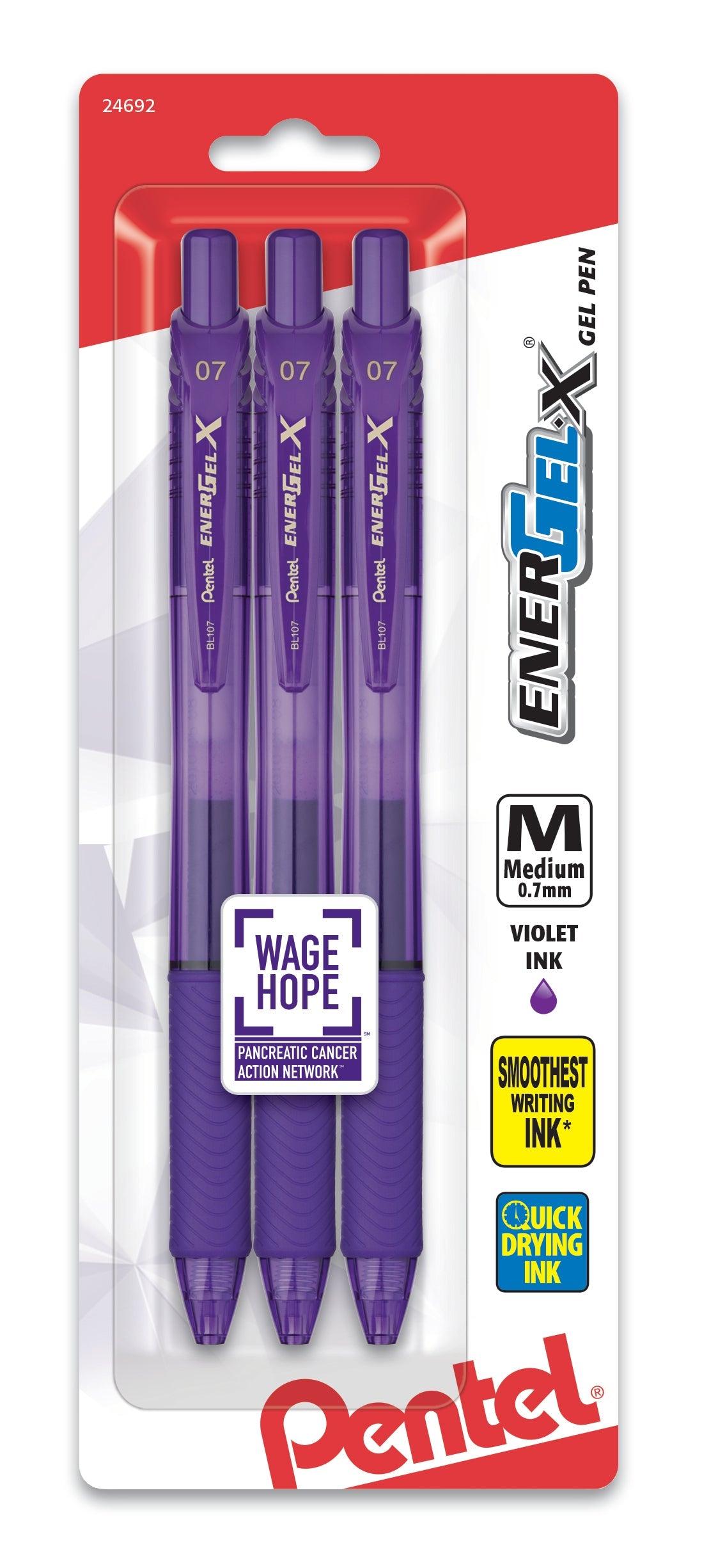 PANCAN EnerGel-X Retractable Liquid Gel Pen, (0.7mm) Metal Tip, Medium Line, Violet Ink 3-Pk (BL107BP3V)