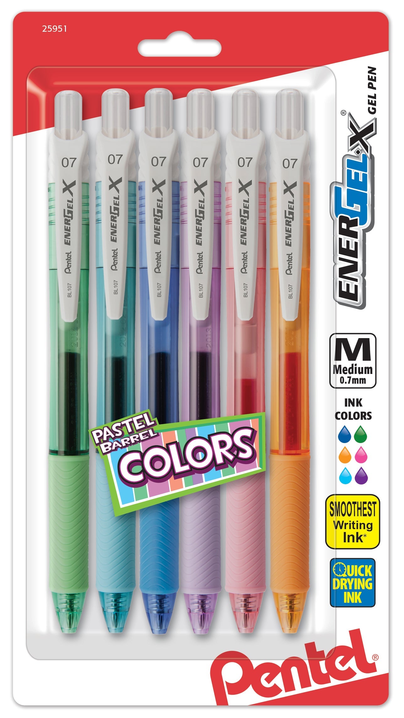 EnerGel-X Pastel Barrels Retractable, (0.7mm) Metal Tip, Medium Line, Assorted Ink (C/D/F/P/S/V) 6-Pk (BL107FBP6M)