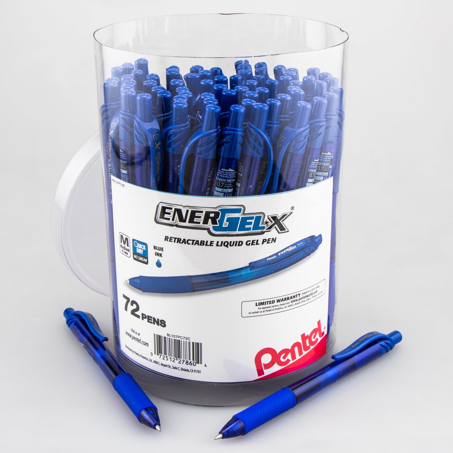 Pentel EnerGel-X Retractable Gel Pen, (0.7mm) Med. line, Blue Ink, 72-pk Canister (BL107PC72C)