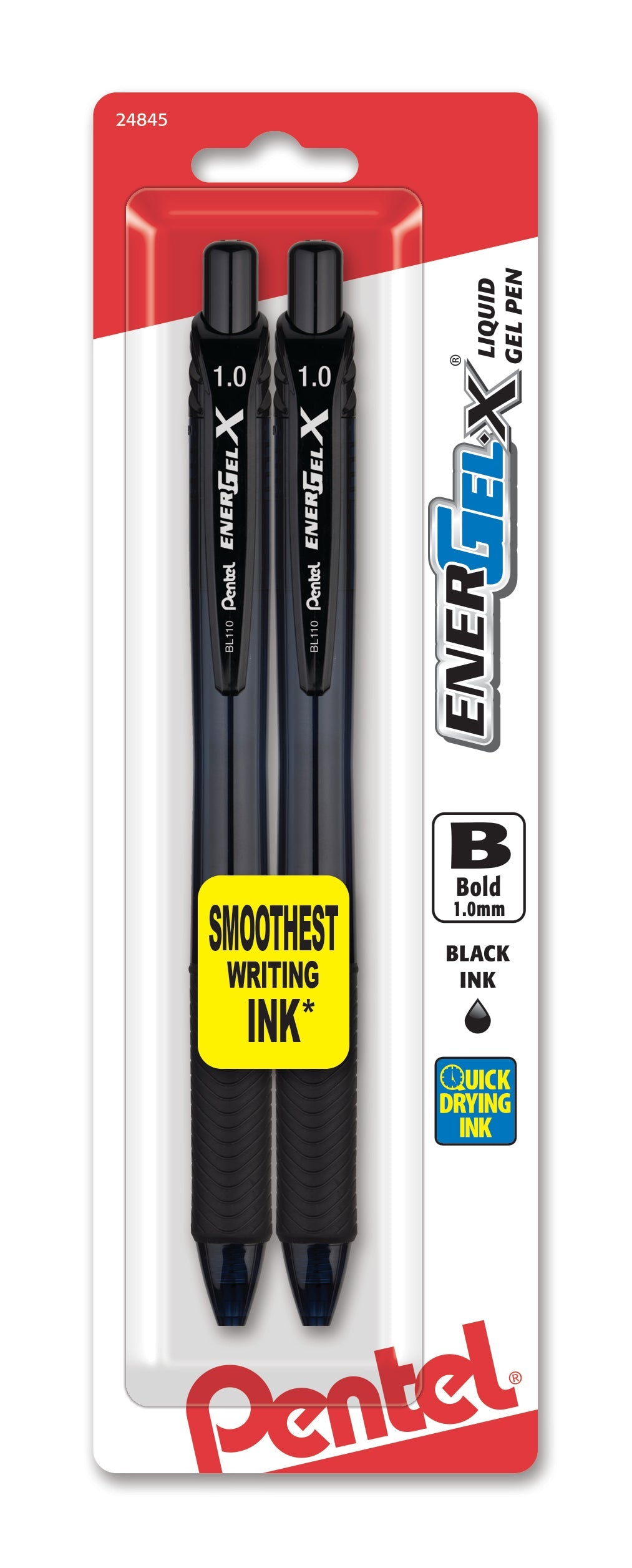 EnerGel-X Retractable Liquid Gel Pen, (1.0mm) Metal Tip, Bold Line, Black Ink 2-Pk (BL110BP2A)