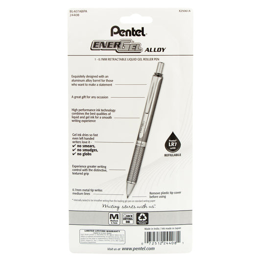 Pentel EnerGel Alloy Retractable Premium Liquid Gel Pen, (0.7mm) Black Barrel, Black Ink 1-Pk (BL407ABPA), 72 Each