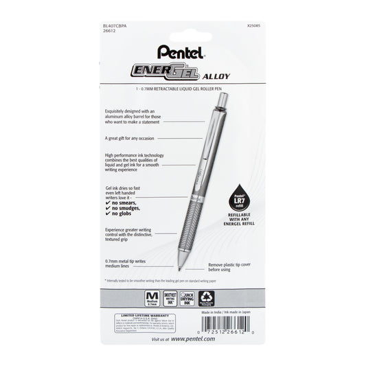 EnerGel Alloy Retractable Premium Liquid Gel Pen, (0.7mm) Medium Line, Blue Barrel, Black Ink, 1-Pk (BL407CBPA)