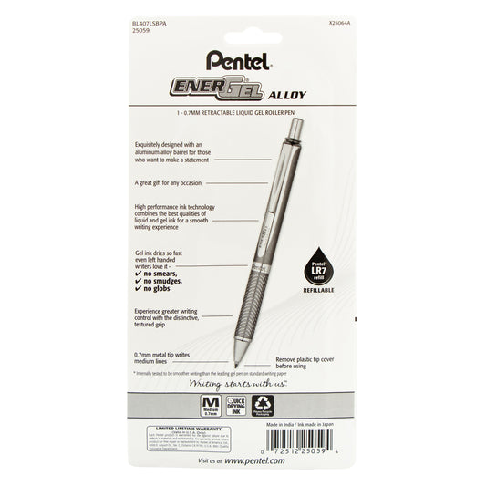 Pentel EnerGel Alloy Retractable Premium Liquid Gel Pen, (0.7mm) Aquamarine Barrel, Black Ink 1-Pk (BL407LSBPA)