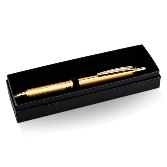 EnerGel Alloy Retractable Premium Liquid Gel Pen, (0.7mm) Metal Tip, Medium Line, Gold Barrel, Black Ink, in gift box with info band (BL407XABX)