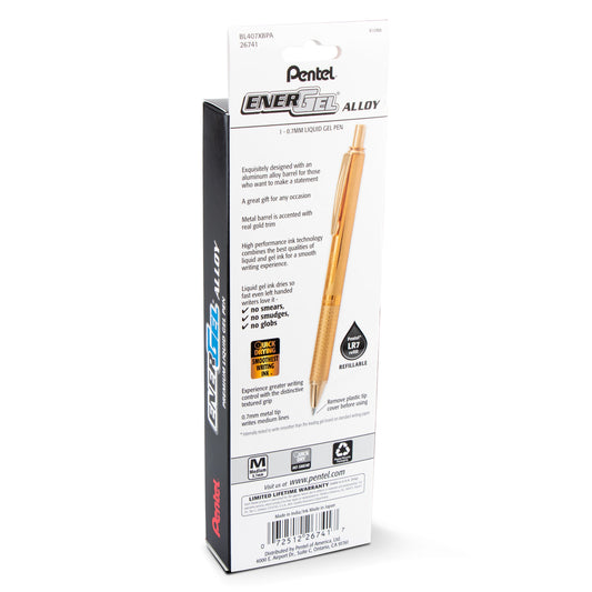 EnerGel Alloy Retractable Premium Liquid Gel Pen, (0.7mm) Metal Tip, Medium Line, Gold Barrel, Black Ink, hanging box (BL407XBPA)