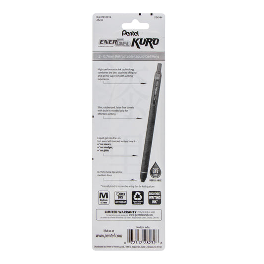 EnerGel Kuro Liquid Gel Pen, (0.7mm) Medium line, Black Ink, 2-pk (BL437R1BP2A)