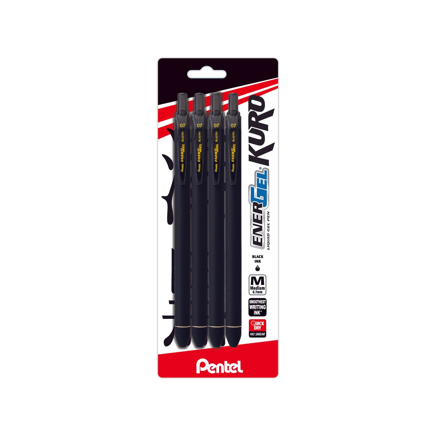 EnerGel Kuro Liquid Gel Pen, (0.7mm) Medium line, Black Ink, 4-pk (BL437R1BP4A)