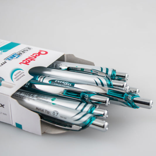 Pentel EnerGel RTX Retractable Liquid Gel Pen, (0.7mm) Metal Tip, Medium Line, Turquoise Ink (BL77-S3)
