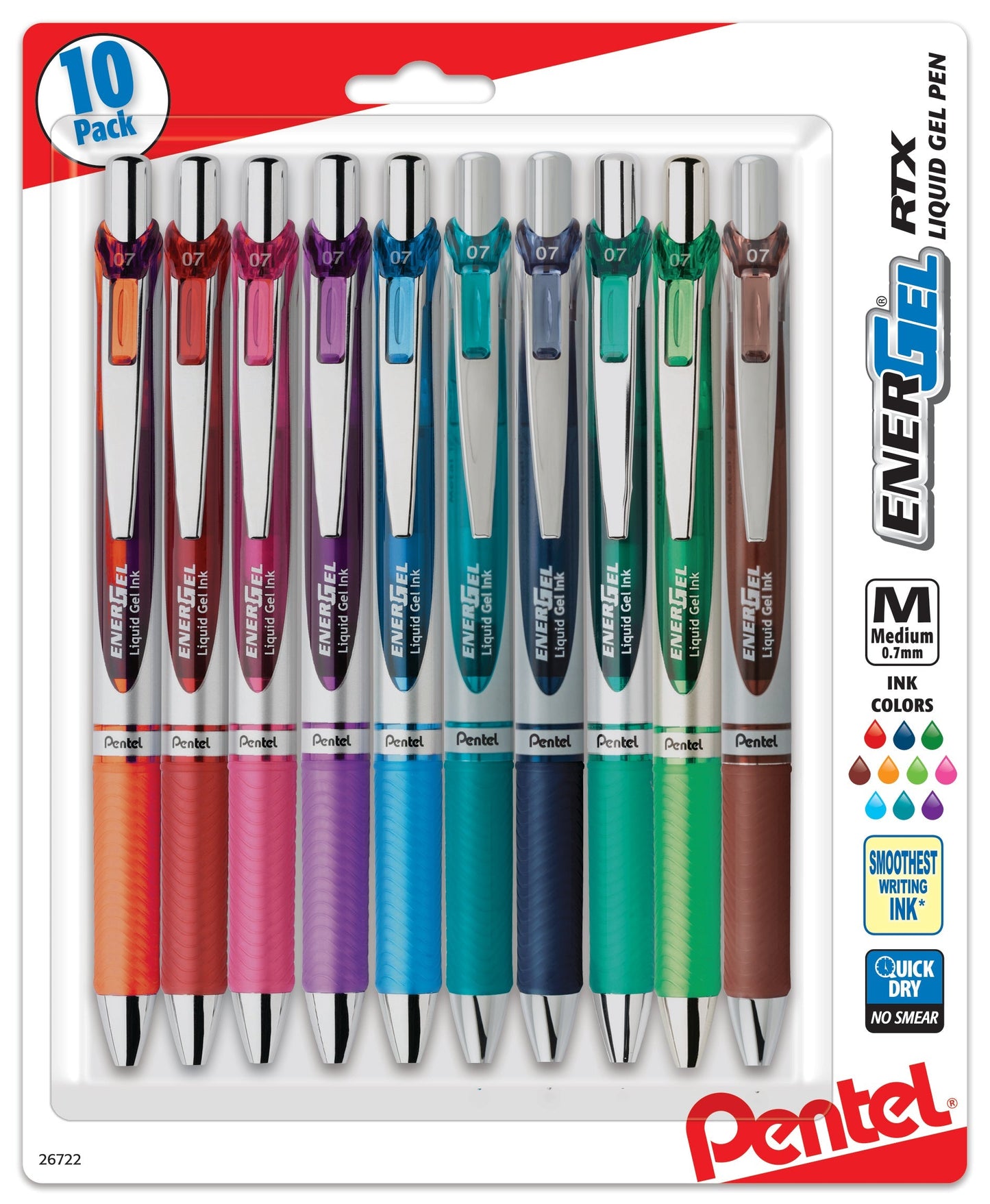 Pentel EnerGel RTX Retractable Liquid Gel Pen, (0.7mm) Medium Line, Metal Tip, Assorted Ink (B/P/F/D/S/CA/E/K/V/S3) 10-Pk (BL77BP10M)