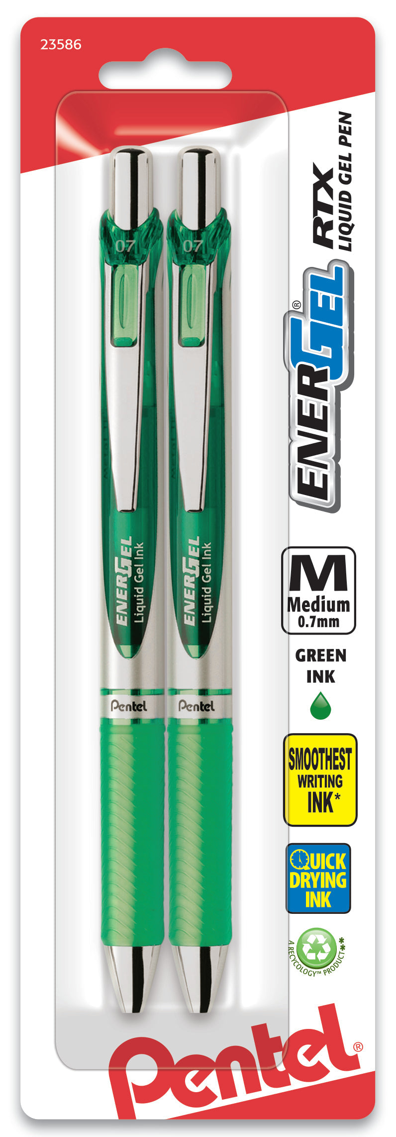 EnerGel RTX Retractable Liquid Gel Pen, (0.7mm) Metal Tip, Medium Line, Green Ink 2-Pk (BL77BP2D)