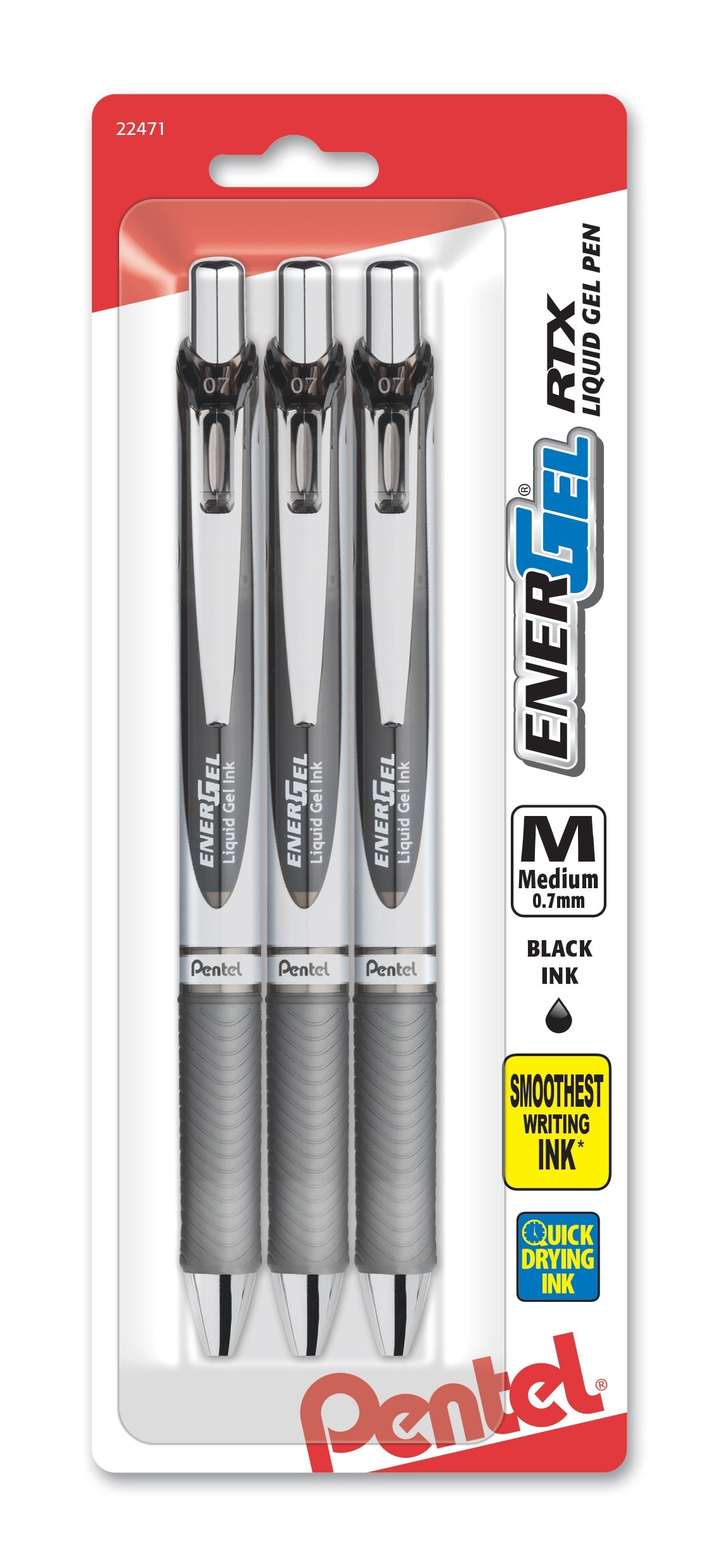 EnerGel RTX Retractable Liquid Gel Pen, (0.7mm) Metal Tip, Medium Line, Black Ink 3-Pk (BL77BP3A)