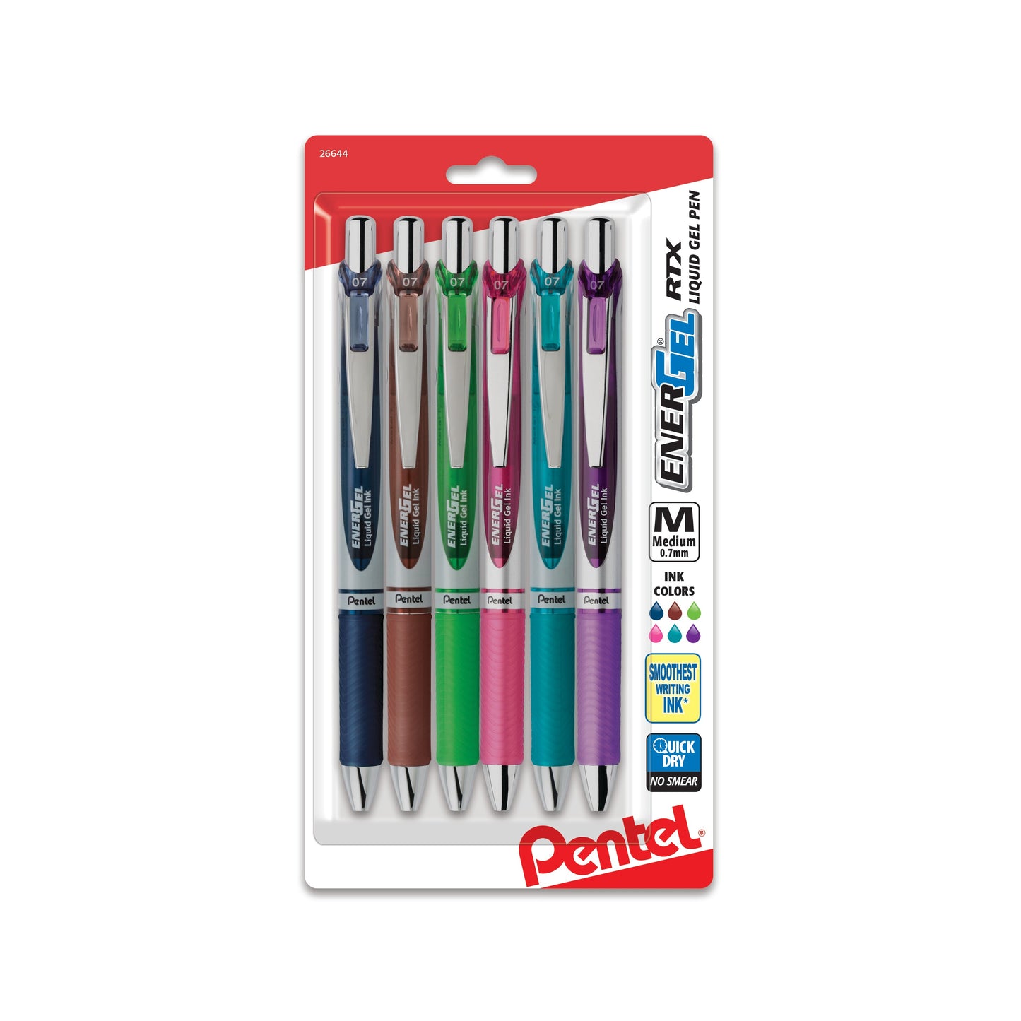 EnerGel RTX Retractable Liquid Gel Pen, (0.7mm) Metal Tip, Medium Line, Assorted Ink (CA/E/K/P/S3/V), 6-Pk (BL77BP6M1)