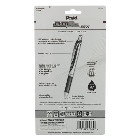 EnerGel RTX Retractable Liquid Gel Pen, (0.7mm) Metal Tip, Medium Line, Assorted Ink (2A/B/C/D/V) 6-Pk (BL77BP6M)