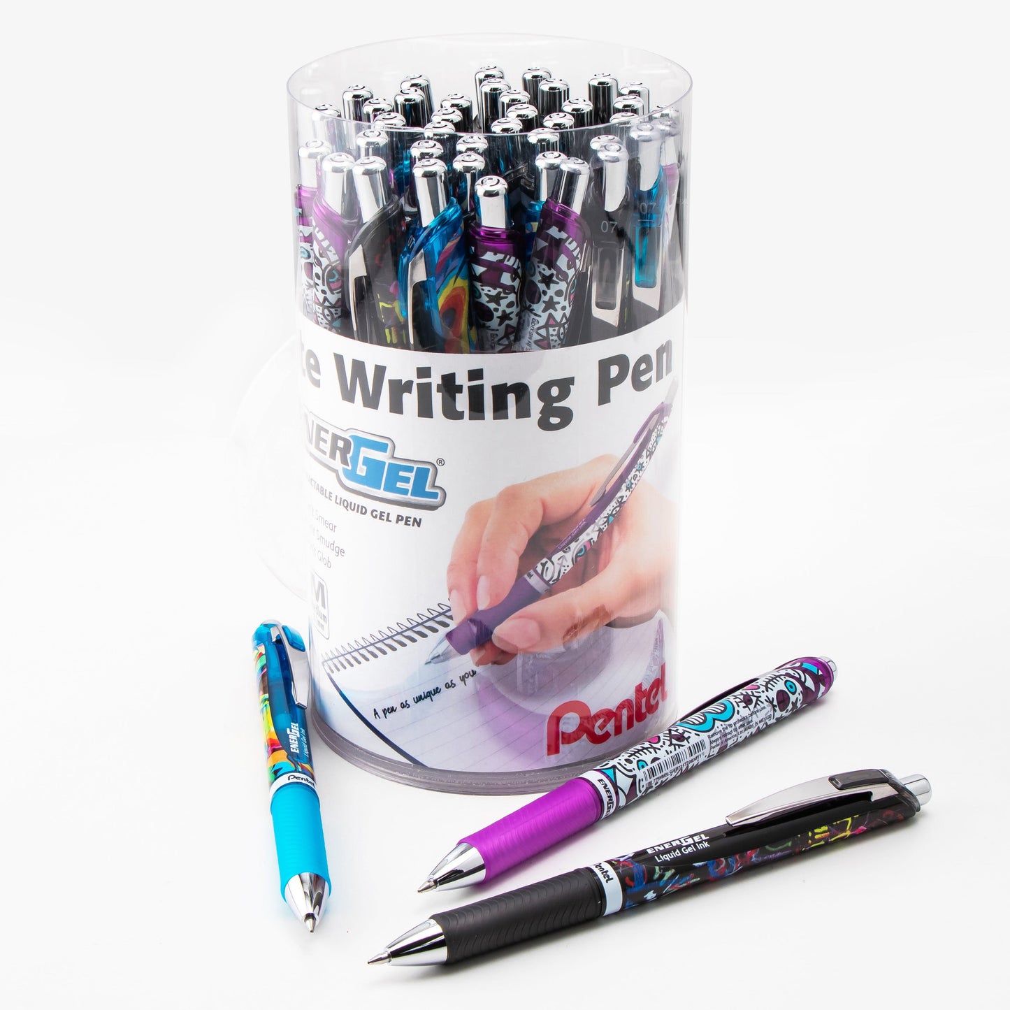 Energel RTX Liquid Gel Pen, (0.7mm) Medium Line, Black Ink - 36 pcs Canister w/4 impressions designs (BL77IMPC3M)