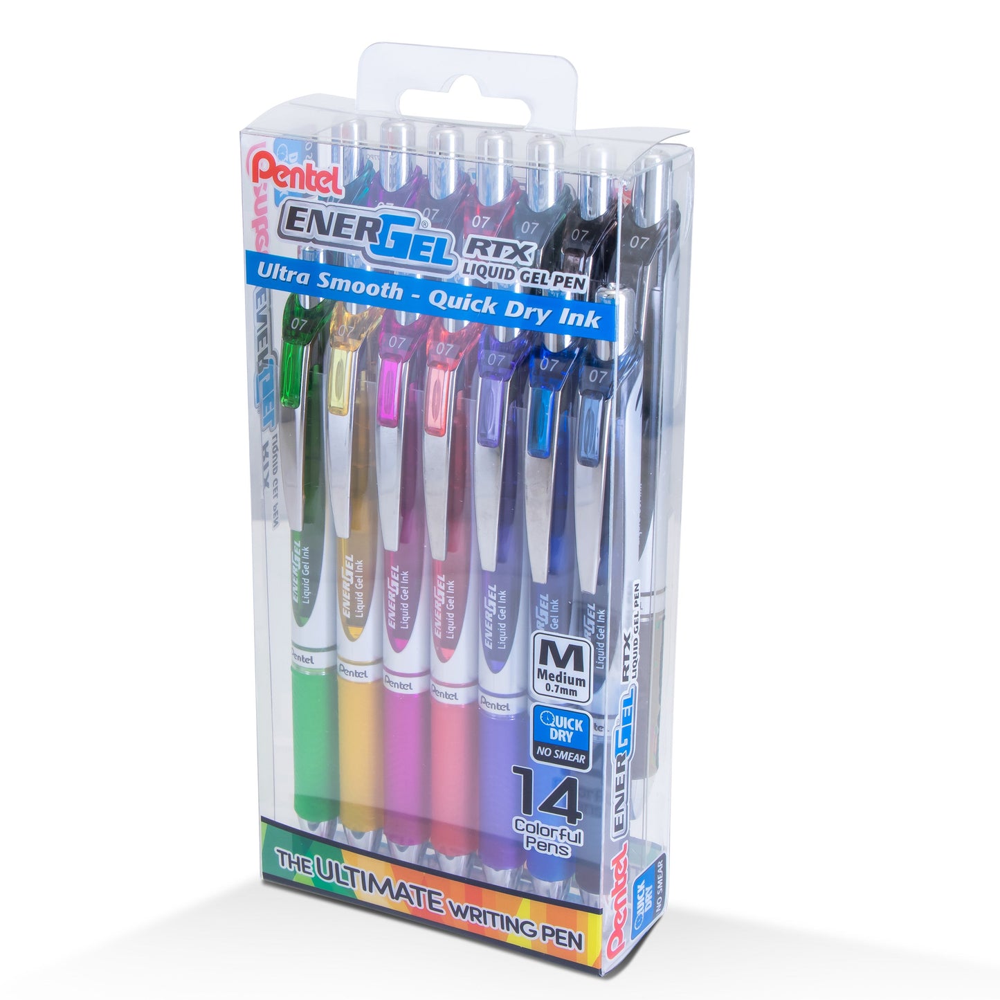 EnerGel RTX Liquid Gel Pen, (0.7mm) Medium Line, Assorted Ink- 14-pk Plastic Box (BL77PC14M)