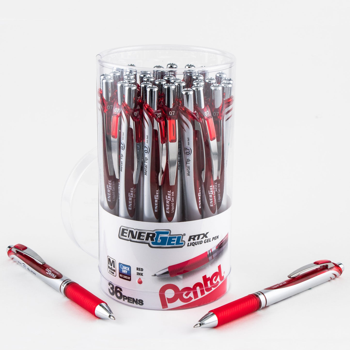 EnerGel RTX Retractable Liquid Gel Pen, (0.7mm) Metal Tip, Medium Line, Canister Red Ink 36pk (BL77PC36B)