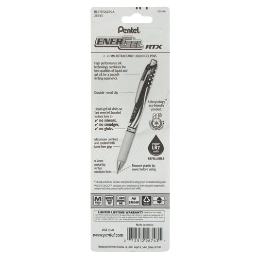 Pentel EnerGel RTX Retractable Liquid Gel Pen, Flag Barrel, (0.7mm) Metal Tip, Medium Line, Black Ink, 2-Pk (BL77USABP2A)