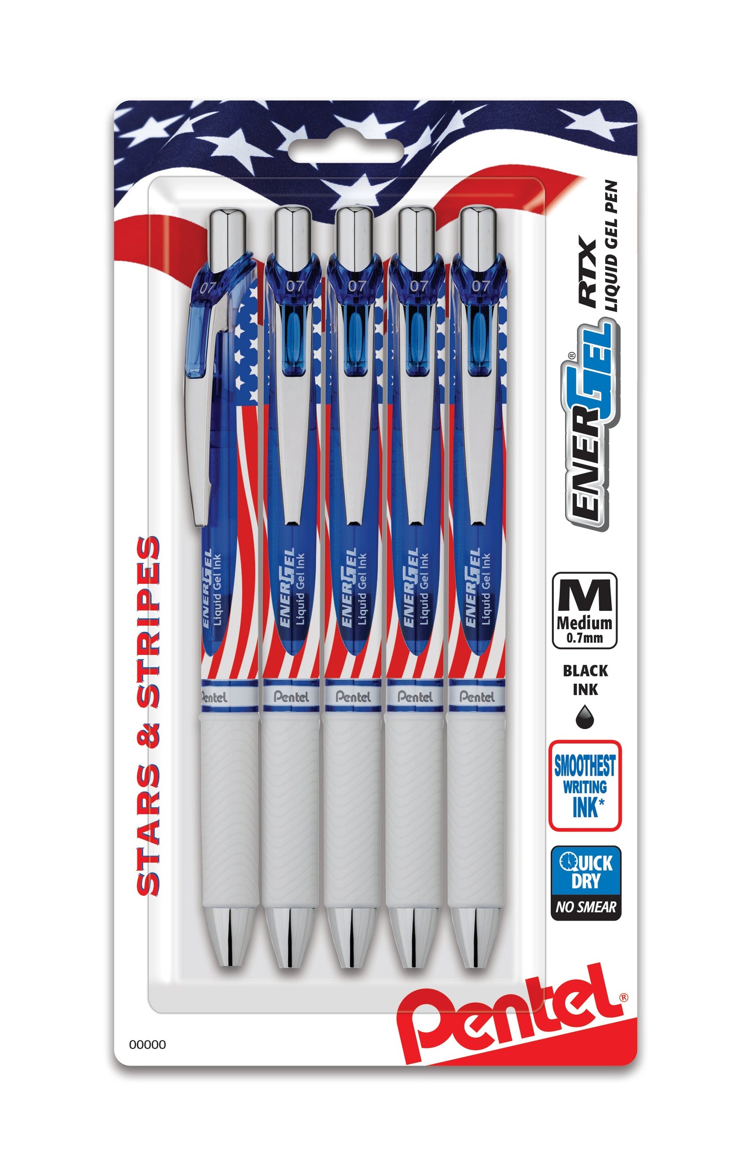 EnerGel RTX Retractable Liquid Gel Pen, Flag Barrel, (0.7mm) Metal Tip, Medium Line, Black Ink, 5-Pk (BL77USABP5A)