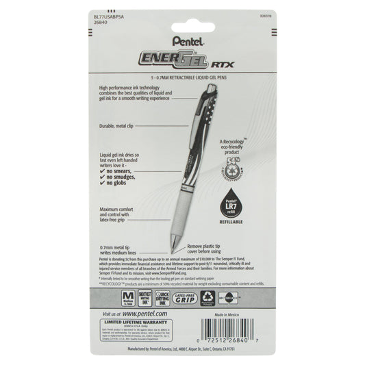 Pentel EnerGel RTX Retractable Liquid Gel Pen, Flag Barrel, (0.7mm) Metal Tip, Medium Line, Black Ink, 5-Pk (BL77USABP5A), 72 Each