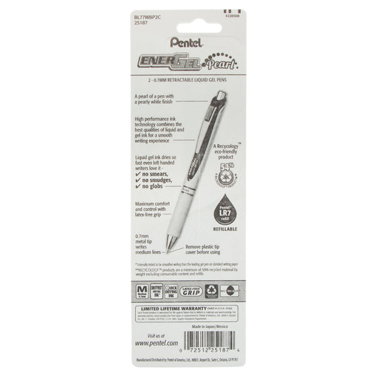 EnerGel Pearl Retractable Liquid Gel Pen, (0.7mm) Metal Tip, Medium Line, Blue Accent, Blue Ink 2-Pk (BL77WBP2C)
