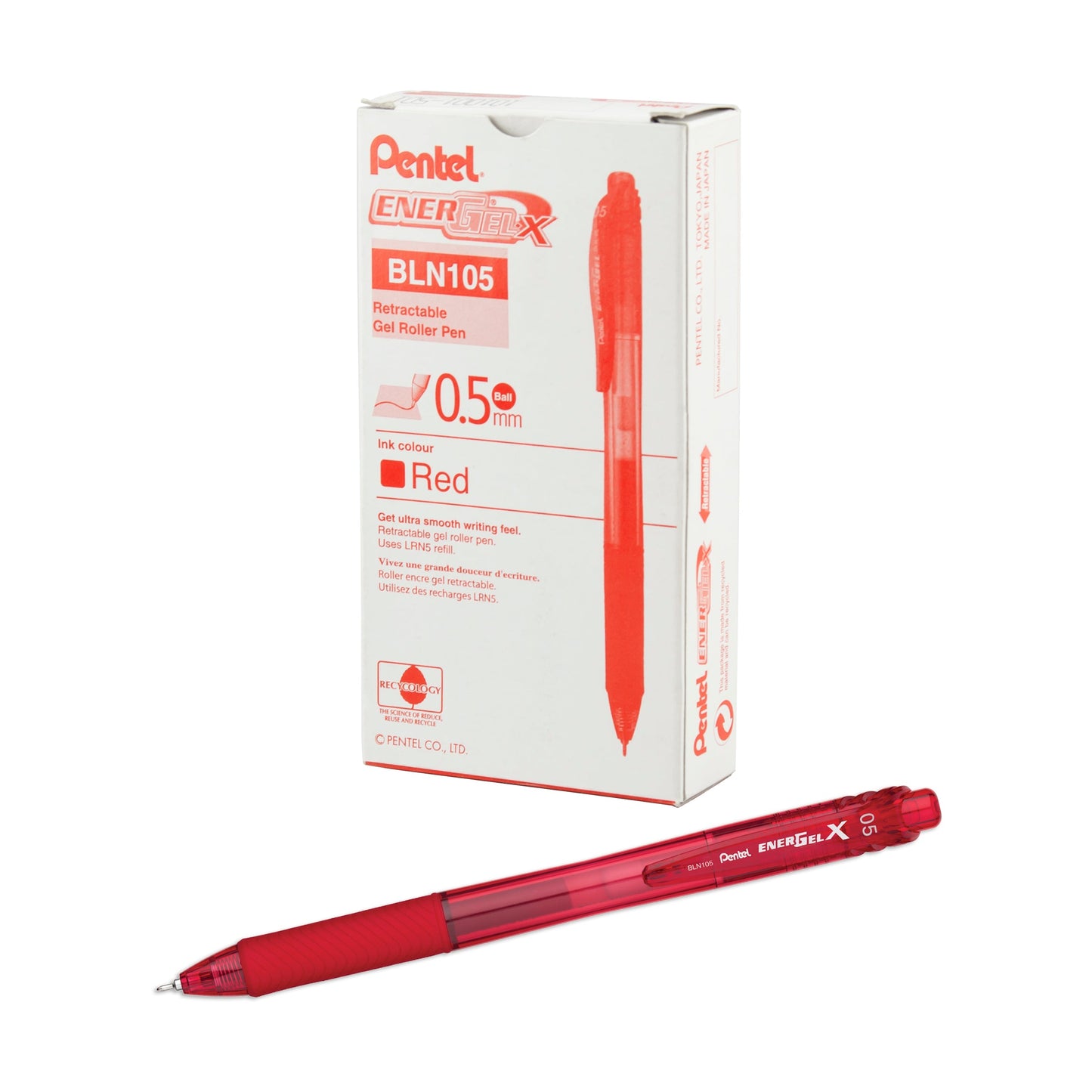 EnerGel-X Retractable Liquid Gel Pen, (0.5mm) Needle Tip, Fine Line, Red Ink (BLN105-B)