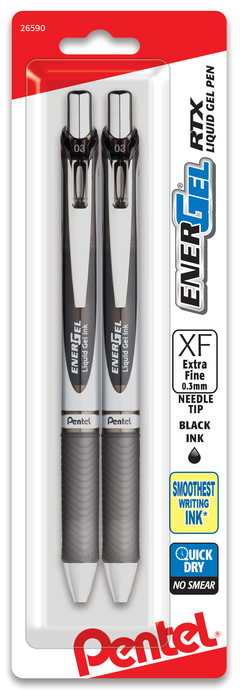 Pentel EnerGel RTX Retractable Liquid Gel Pen, (0.3mm) Needle Tip, Extra Fine Line, Black Ink, 2-Pk (BLN73BP2A)