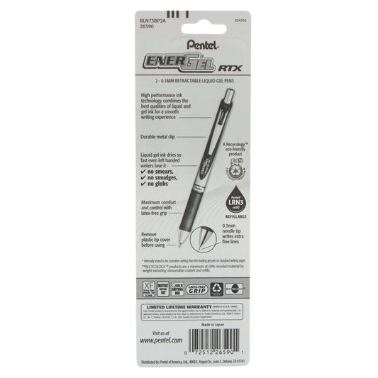 EnerGel RTX Retractable Liquid Gel Pen, (0.3mm) Needle Tip, Extra Fine Line, Black Ink, 2-Pk (BLN73BP2A)