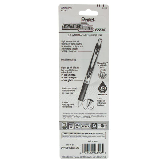 EnerGel RTX Retractable Liquid Gel Pen, (0.3mm) Needle Tip, Extra Fine Line, Blue Ink, 2-Pk (BLN73BP2C)