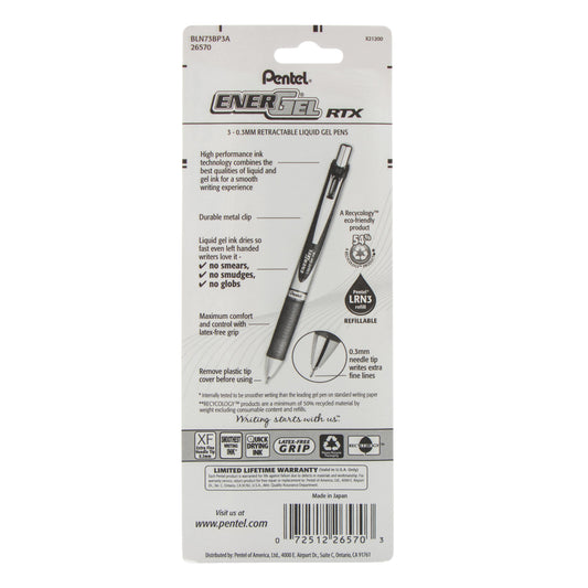 EnerGel RTX Retractable Liquid Gel Pen, (0.3mm) Needle Tip, Extra Fine Line, Black Ink, 3-Pk (BLN73BP3A)