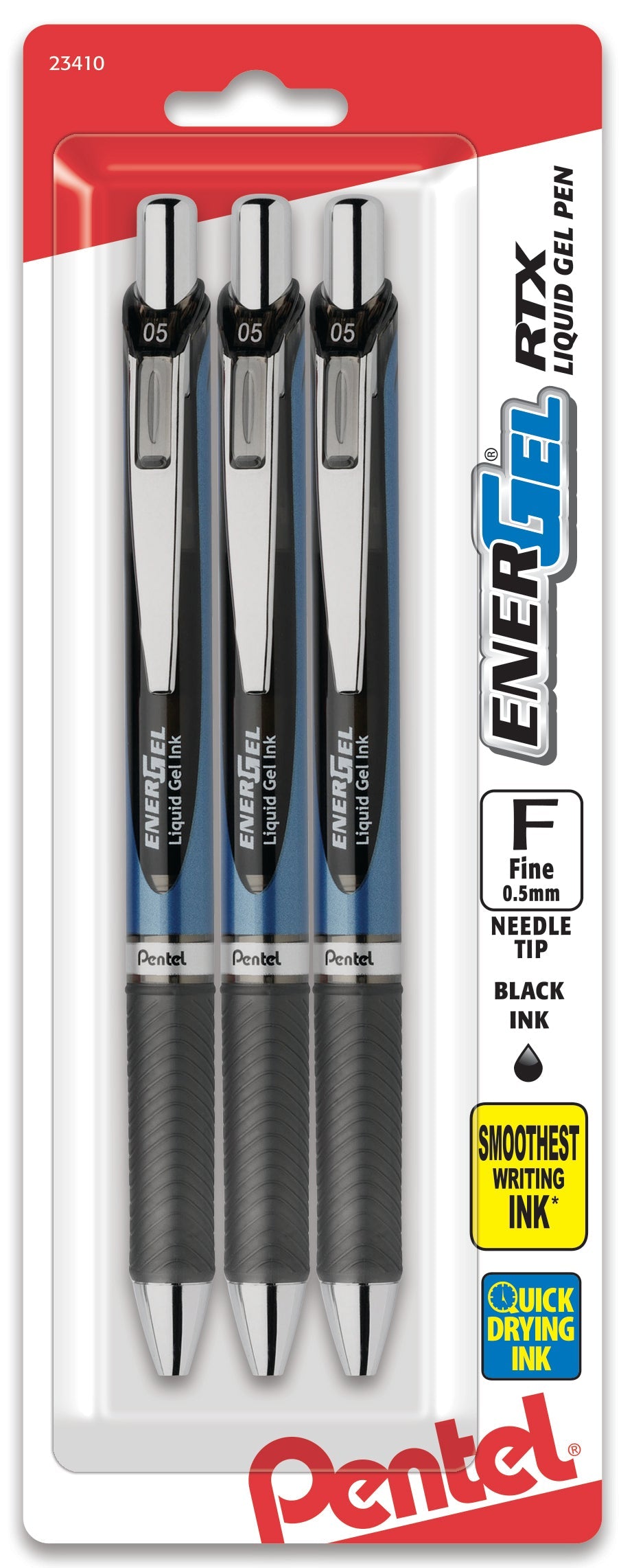 EnerGel RTX Retractable Liquid Gel Pen, (0.5mm) Needle Tip, Fine Line, Black Ink 3-Pk (BLN75BP3A)