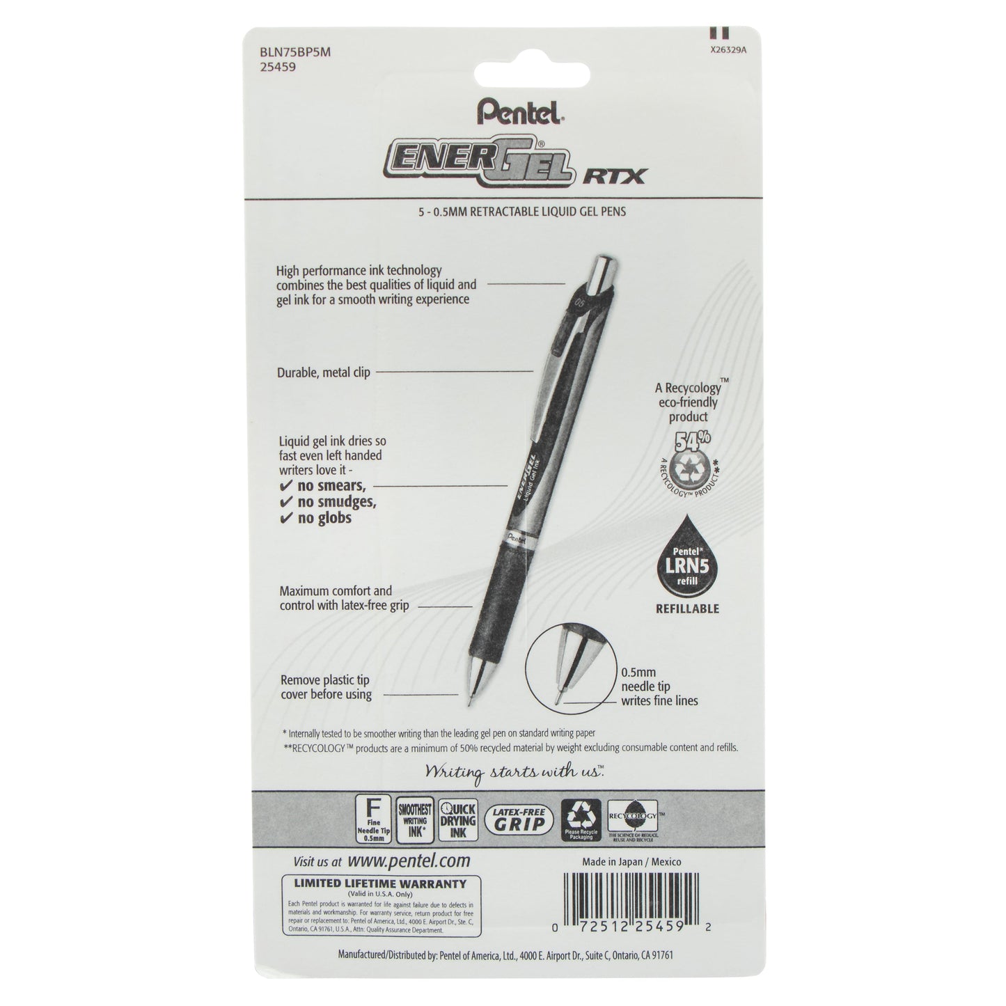 EnerGel RTX Retractable Liquid Gel Pen, (0.5mm) Needle Tip, Fine Line, Assorted Ink (A/B/C/D/V) 5-Pk (BLN75BP5M)