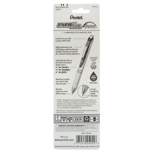 PINK BCA EnerGel Pearl Retractable (0.5mm) Needle Tip, Fine Line, Pink Accent, Black Ink 2-Pk (BLN75WBP2PA)