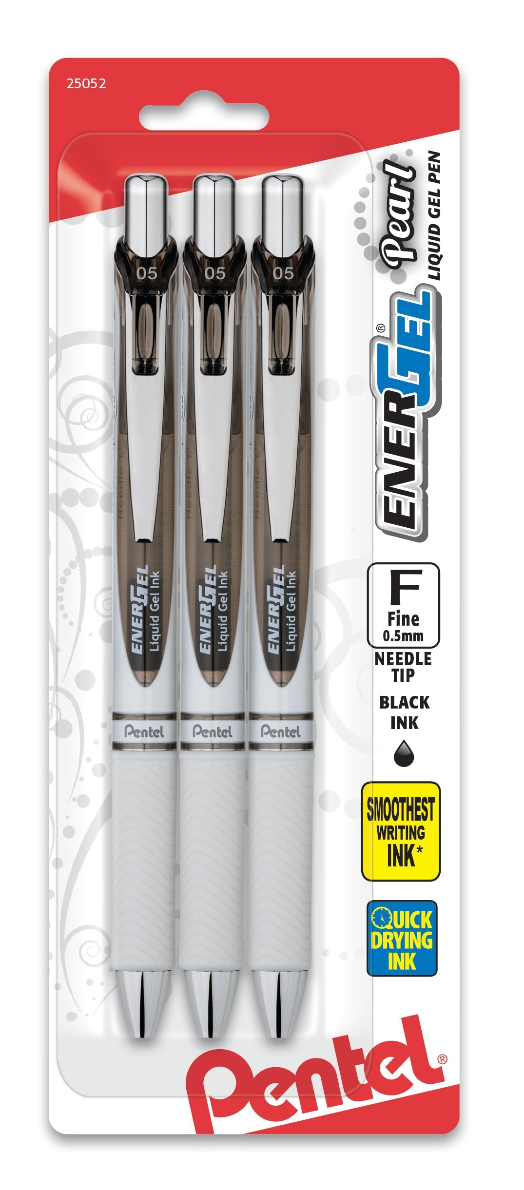 EnerGel Pearl Retractable (0.5mm) Needle Tip, Fine Line, Black Accent, Black Ink 3-Pk (BLN75WBP3A)