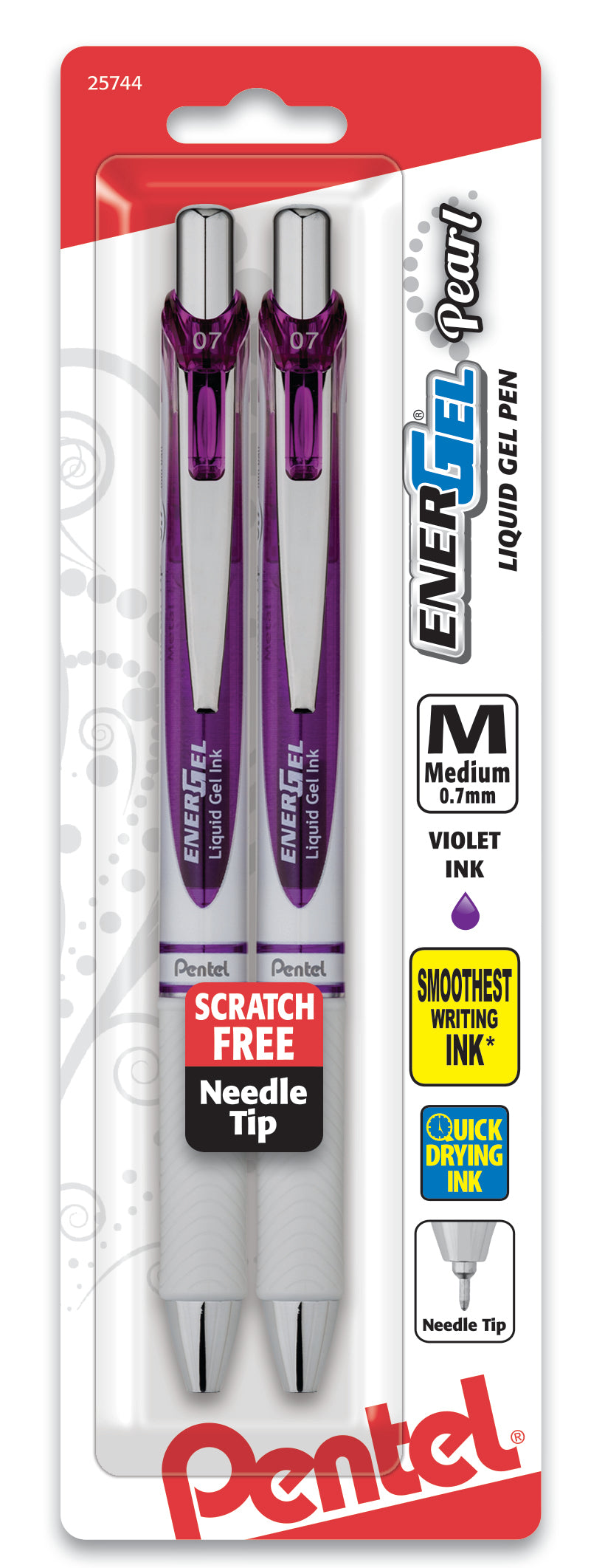 EnerGel Pearl Retractable Liquid Gel Pen, Needle Tip (0.7mm) Medium Line, Violet Ink, 2-Pk (BLN77WBP2V)