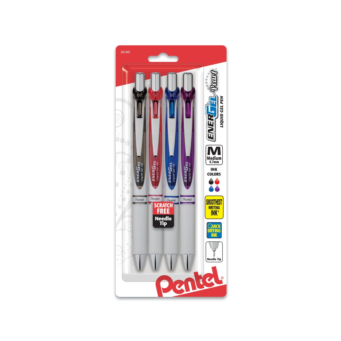 EnerGel Pearl Retractable Liquid Gel Pen, Needle Tip (0.7mm) Medium Line, Assorted Ink (A/B/C/V), 4-Pk (BLN77WBP4M)