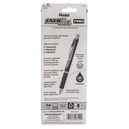 Pentel EnerGel PRO Permanent Gel Pen, (0.7mm) Medium Line, Black Ink, 3-Pk (BLP77BP3A)