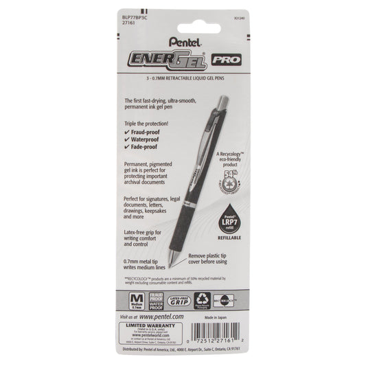 EnerGel PRO Permanent Gel Pen, (0.7mm) Medium Line, Blue Ink, 3-Pk (BLP77BP3C)